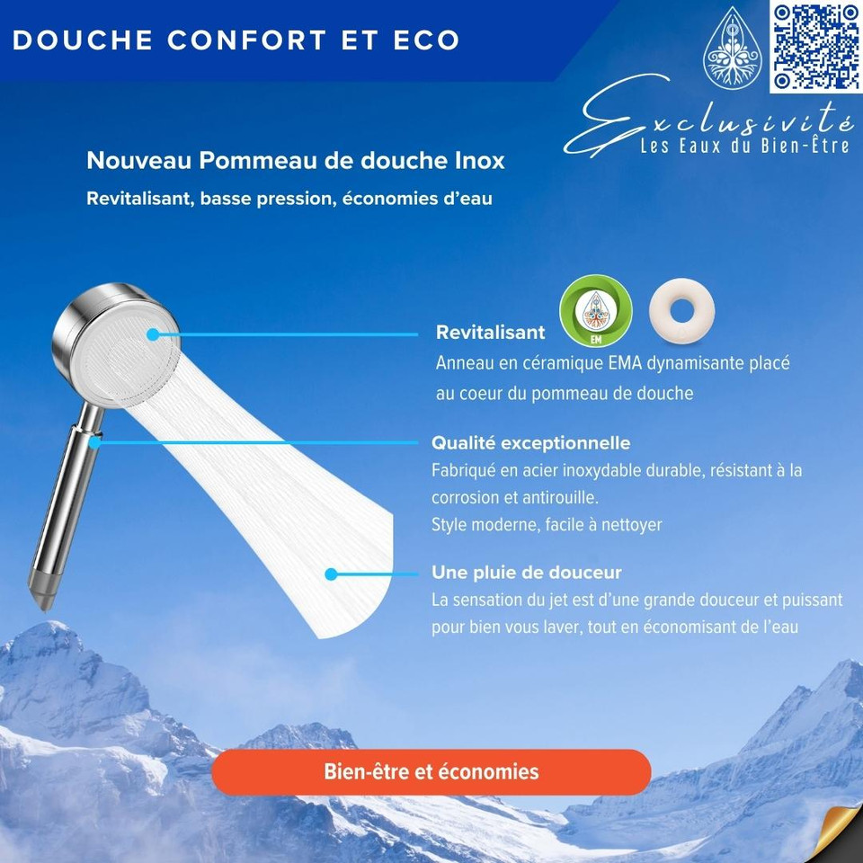 Pommeau Douche Inox Dynamisant & basse pression & Economie d’eau